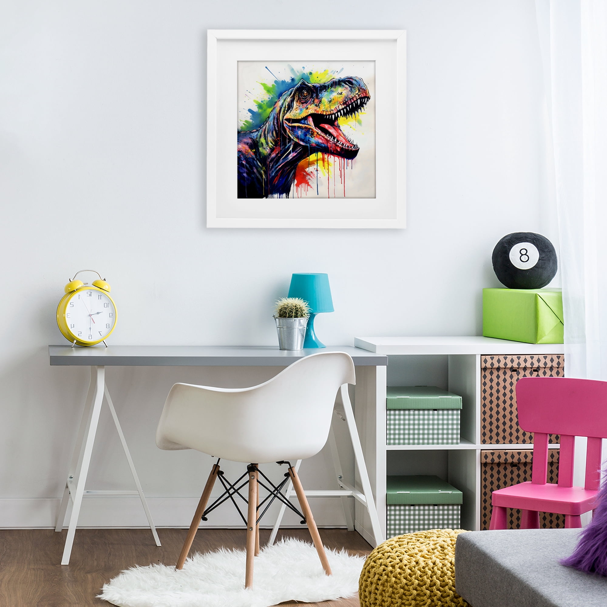 Stupell Industries Colorful T-Rex Roaring White Framed Print Under Glass, design by Creative Studio