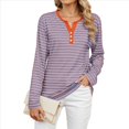thumbnail image 3 of Camisetas de Larga A Rayas para Mujer, Informales, con Cuello en V, Bloques de Color, Corte Holgado, Básicas. Rosa y L, 3 of 10