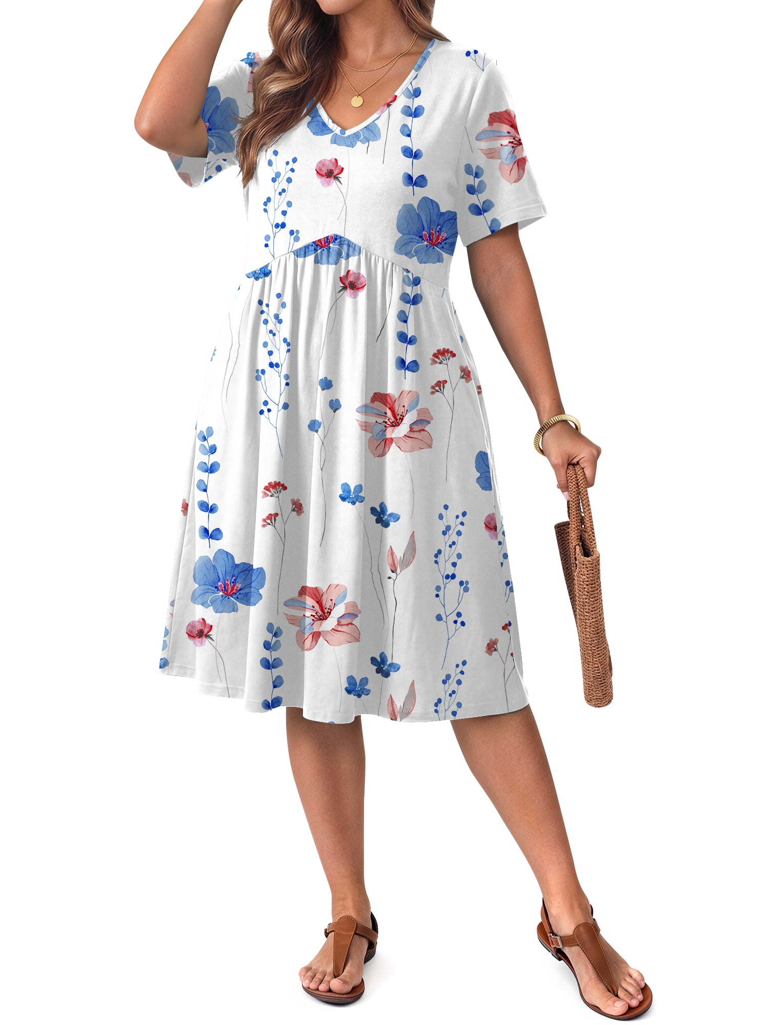 WellSize Plus size Dresses For Women Floral Casual V Neck Short Sleeve Sundresses Midi Summer Dress with Pockets