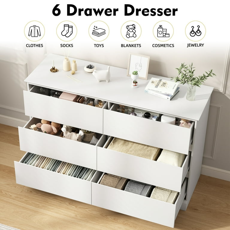 fully assembled white dresser IDEALSOUL Horizontal Bedroom Dresser, 6 Drawer Storage Chest, 47.2
