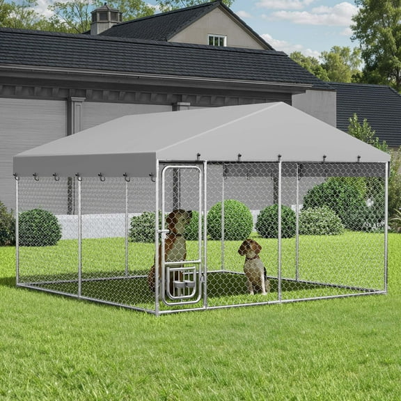 Dextrus 10'x10' Large Outdoor Dog Kennel, Outdoor Dog Enclosure with Rotating Feeder Bowls & Roof, Heavy Duty Dog Kennel for Backyard Farm