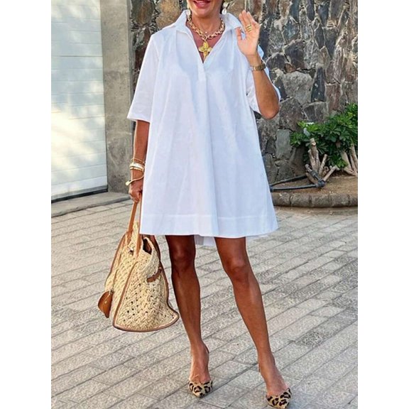 White Womens Casual Shirt Dress With Collared Neck And Short Sleeves For Summer Everyday Wear
