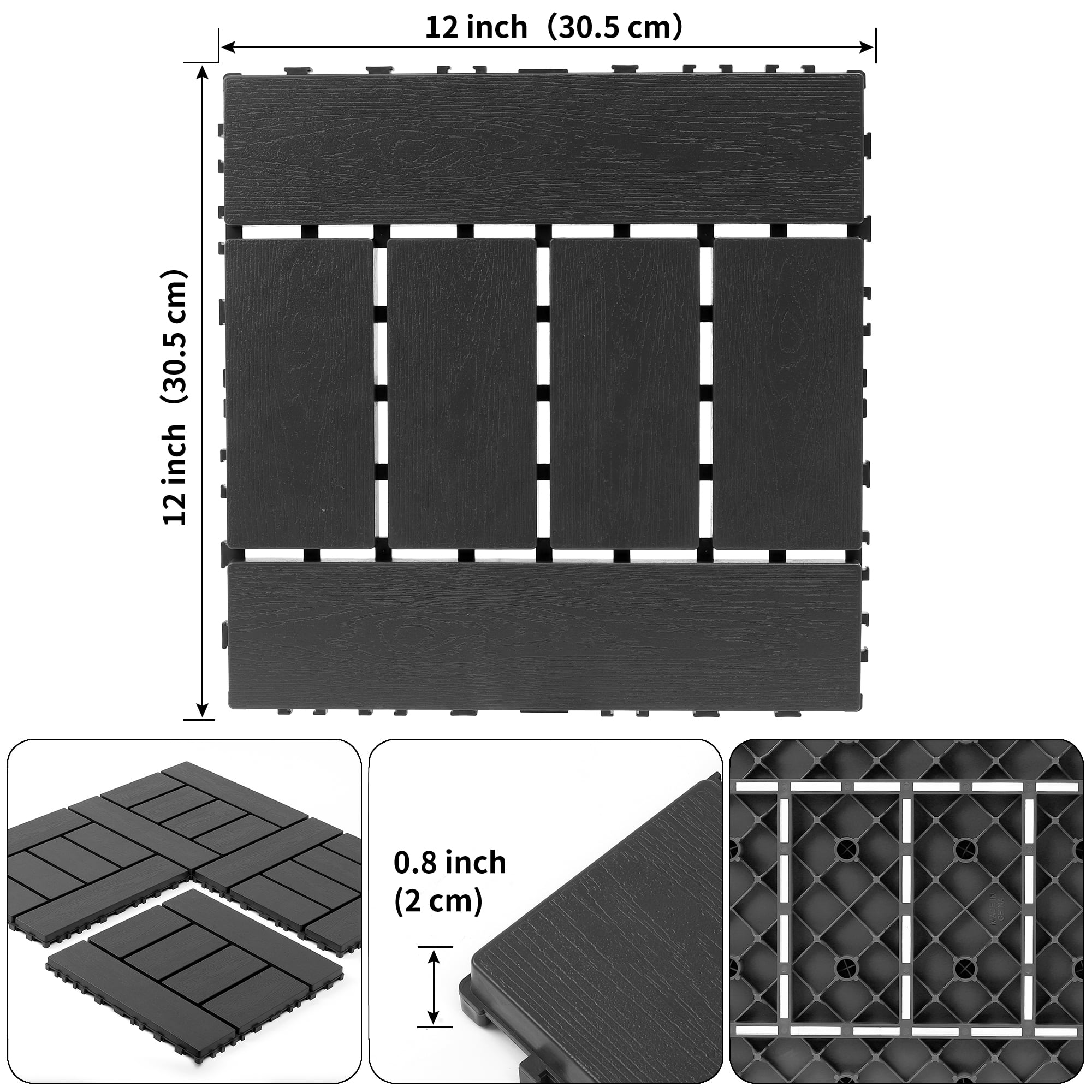 44 Pack Plastic Interlocking Deck Tiles 12"x12", Dark Gray Waterproof All-Weather Flooring for Patio, Poolside, Balcony & Bathroom