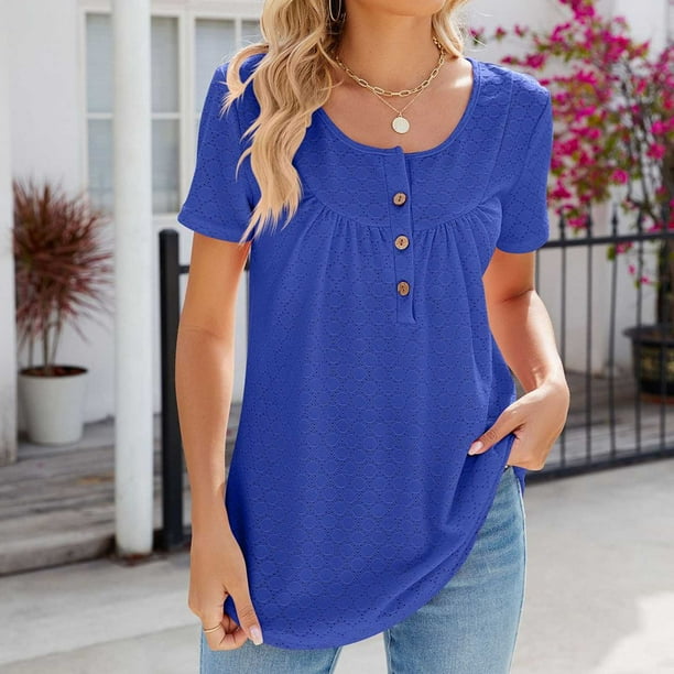 Fiudx Camisas de Mujer Blusa de Manga Corta Estampada a La Moda para Mujer, Blusas Informales con Cuello Redondo