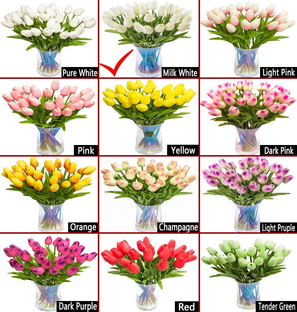 10pcs Artificial Tulips Flowers Real Touch Pink Tulips Fake Holland PU Tulip Bouquet Latex Flowers for Wedding Party Office Home Kitchen Decoration (Dark Pink)