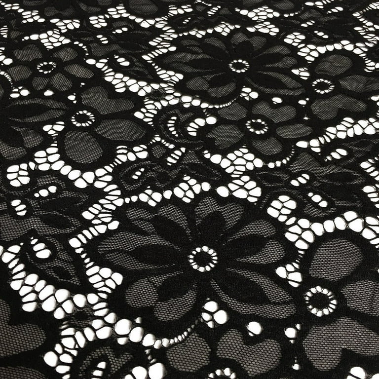 Stretch French Lace Embroidered Floral Florence 58 Wide Fabric (Black) 