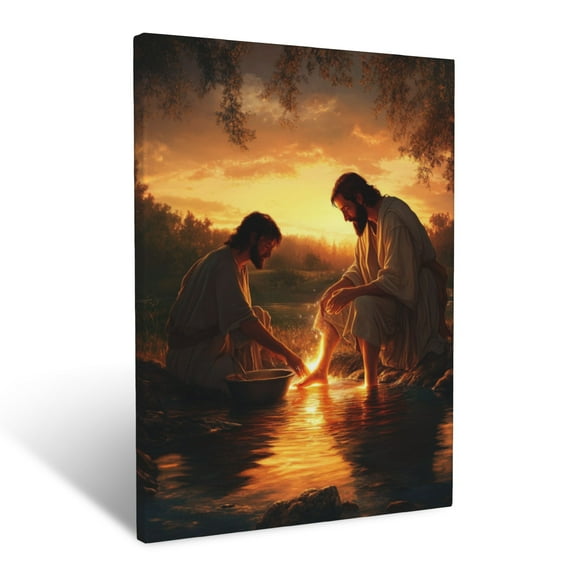 CozyNet Jesus Washing Glowing Feet Of A Disciple In A Peaceful Setting Wall Art Prints With Frame Canvas Perfect for Living Room & Bedroom, Ready to Hang, Wall Decor 12"x16"