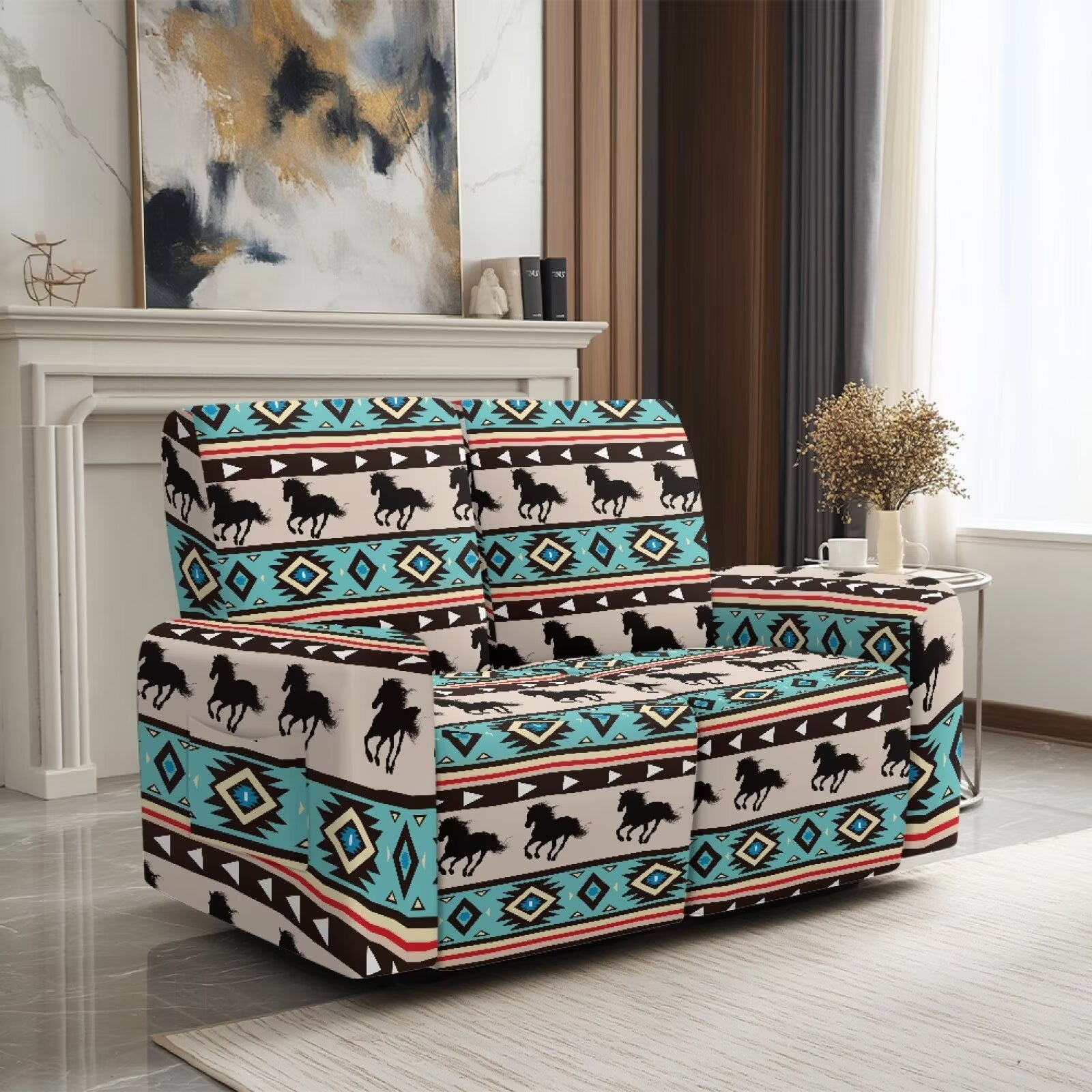 Yuyamidu Aztec Loveseat Recliner Covers 2 Seater Horse Recliner Loveseat Slipcover with Elastic Edge Breathable Reclining Couch Covers Gift for Friends