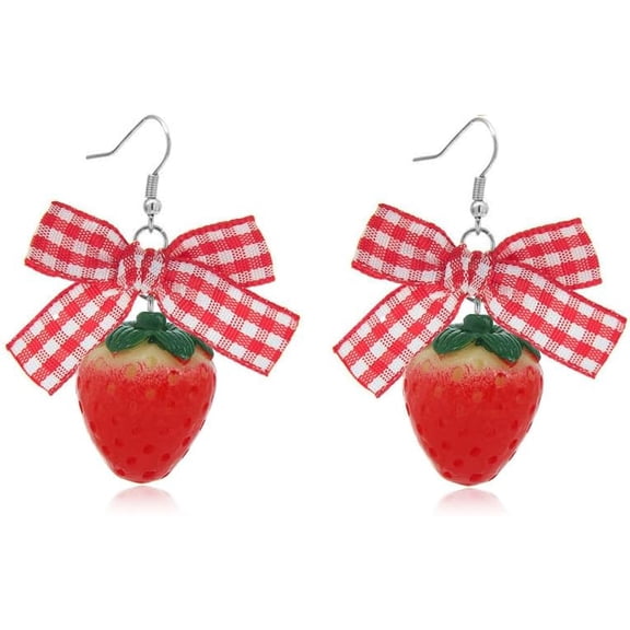 Strawberry Drop Dangle Earrings for Women Red Cute Lifelike Strawberries with Bowknot Dangling Earring Dainty Simulated 3D Acrylic Fruit Handmade Sweet Style Bowtie Summer Holiday Jewelry