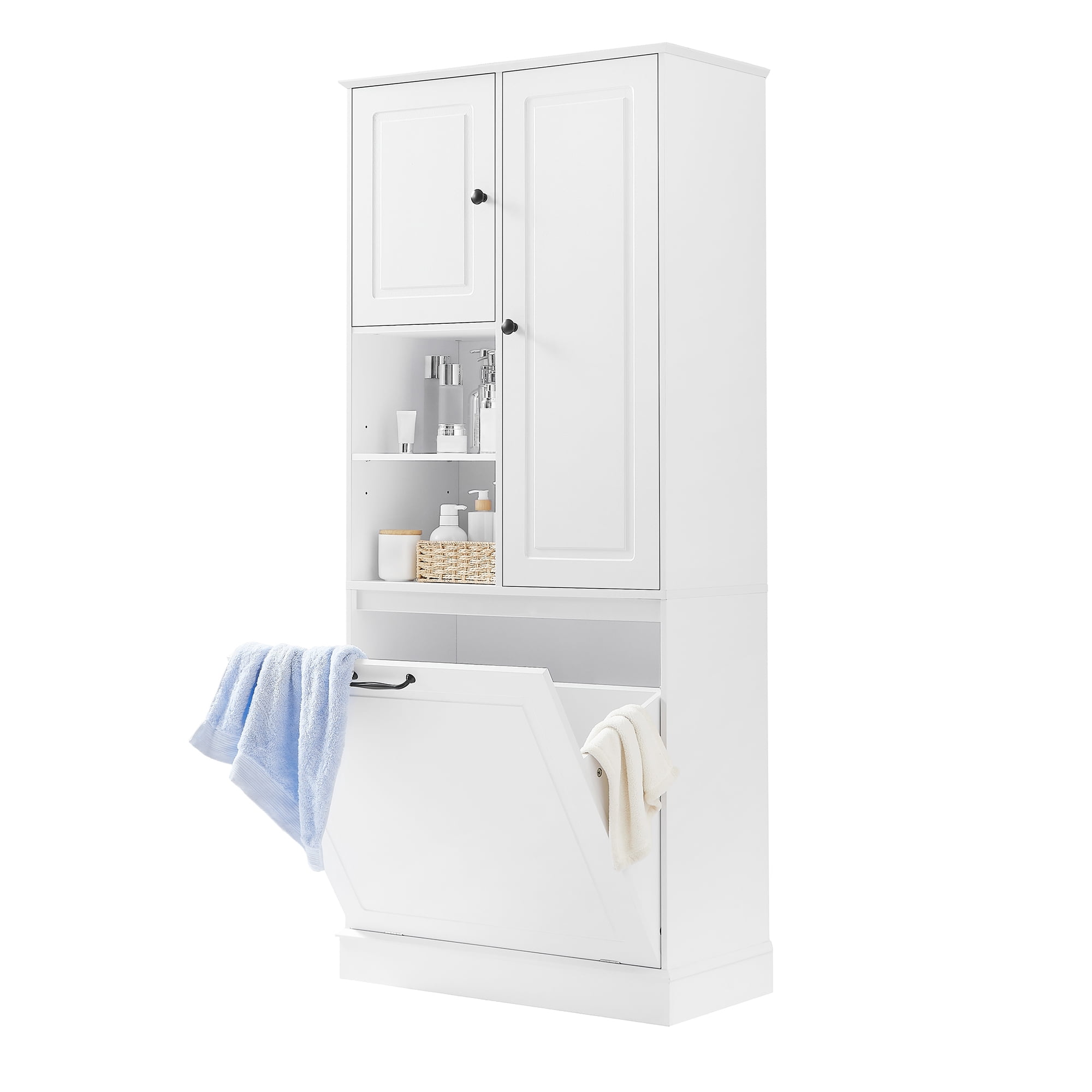 Tall Storage Cabinet with Adjustable Shelves, Large Flip-Out Basket & Enclosed Cabinets – Perfect for Bathroom, Living Room, or Office, MDF Material with Aluminum Alloy Handles