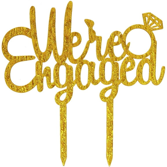 O'Creme We're-Engaged-with-Diamond-Ring Cake Topper with Two Stems, Gold