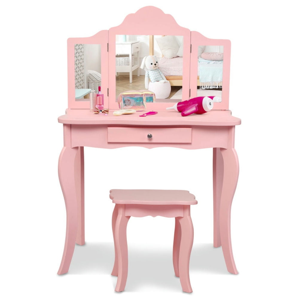 GVN Kids Makeup Dressing Mirror Vanity Table Stool Set-Pink, Kids Vanity Table and Chair Set for Girls Kids GVN Kids Makeup Dressing Mirror Vanity Table Stool Set-Pink, Kids Vanity Table and Chair Set for Girls Kids