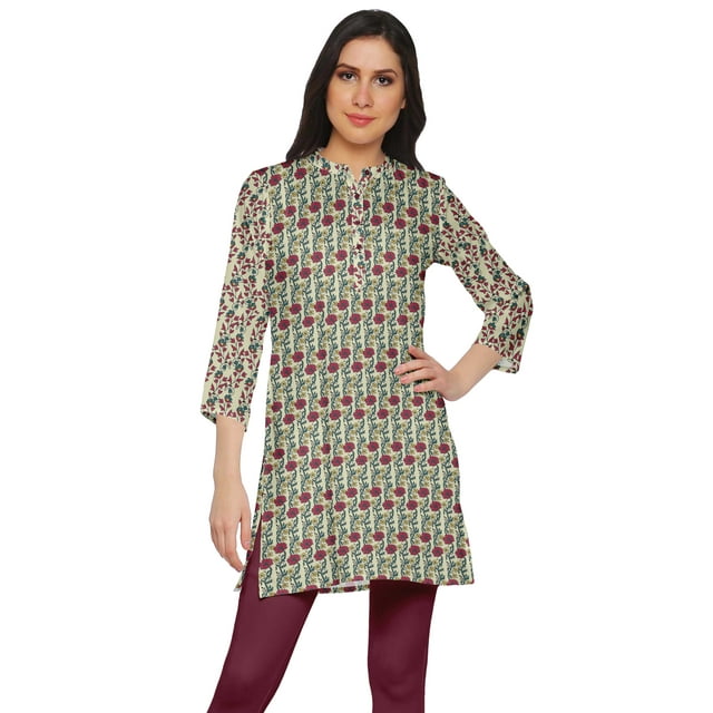 Moomaya Kurtis Courtes à Col Montant en Poly-Crêpe pour Femmes, Haut de Robe Imprimé