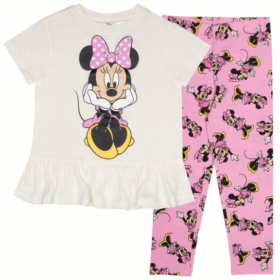 Disney Minnie Mouse Girls Short Sleeve Ruffle Hem T-Shirt & Leggings - Minnie Graphic Design - 2-Piece Bundle Set for Kids (Size 2T-6X)