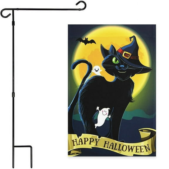 G128 12"x18" Halloween Garden Flag with 36"x16" Garden Flag Holder Stand Outdoor Porch Lawn, 2 Sets