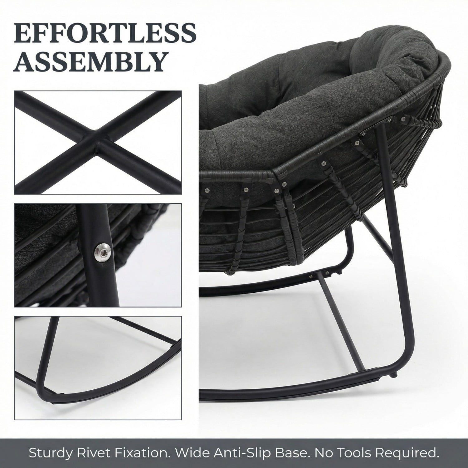 Outdoor Papasan Rocking Chair, Oversized Egg Rocking Chair with Cushion, Wicker Rattan Patio Rocker, Indoor Outdoor Lounge Chair for Porch Garden Living Room, Dark Gray
