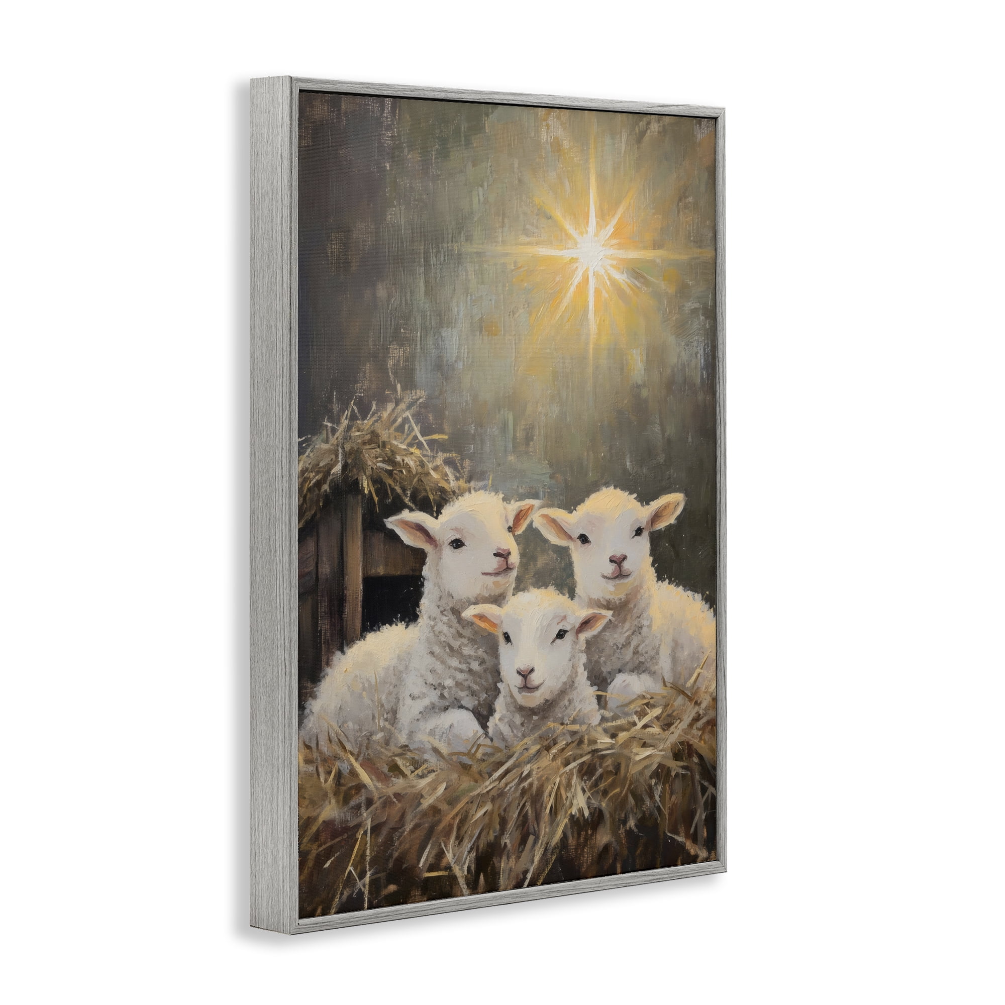 Festive Lambs in Stable Gray Framed Giclee Art, design by Petal Prints Design