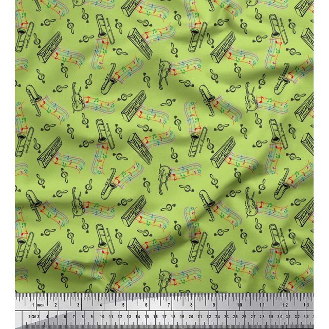 Soimoi Poly Georgette Fabric Notes,Piano & Guitar Musical Instrument Print Fabric by The Yard 52 Inch Wide