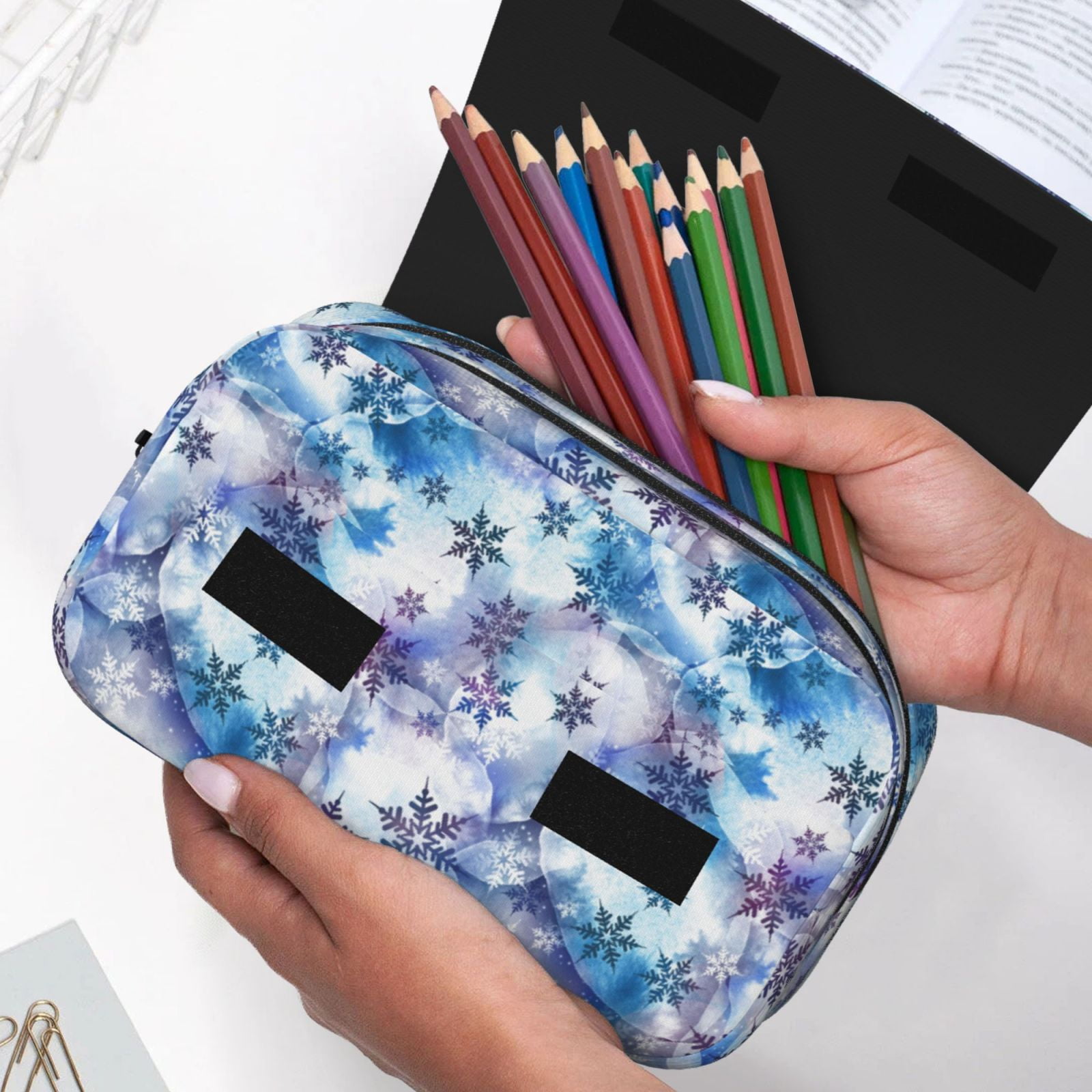 Rateoe Icy Blue Snowflakes Pattern Double Clamshell Pen Case, Storage Organizer with Two Zipper Compartments– Holds Up to 50 Pencils & Pens