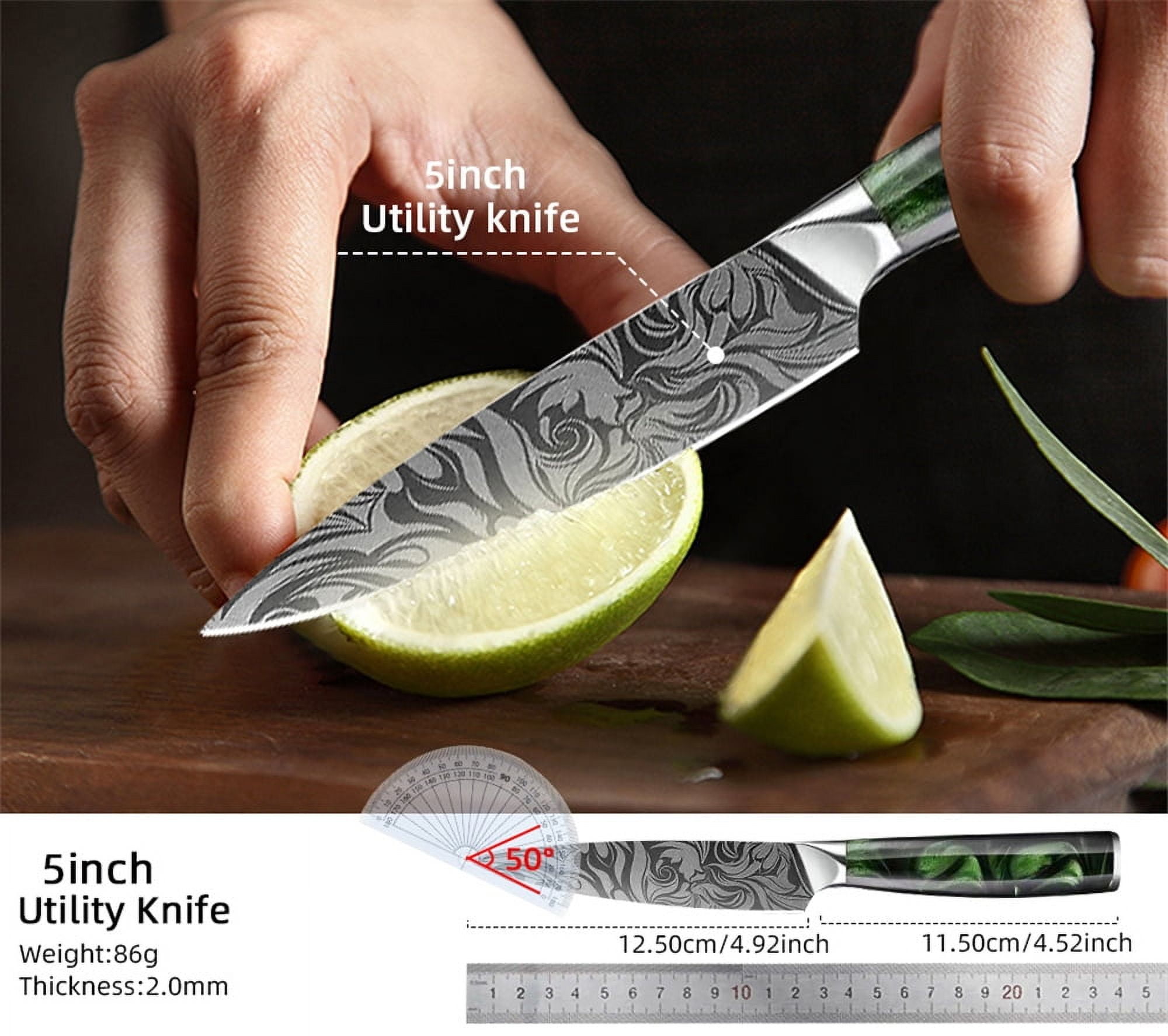 Myvit Damascus Steel Kitchen Knife 3-7Piece Set Japanese Santoku Knife Professional Chef Knife with Easy-Grip Resin Handle
