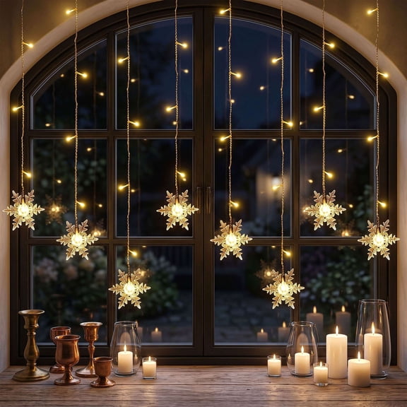 BadPiggies Snowflake String Curtain Lights 11.5ft 96LED Color Changing with Remote Control Fairy Lights for Xmas Wedding Window Decor, Warm White