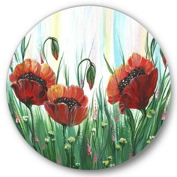 Designart 'Three Red Bright Poppy Flowers On A Green Meadow' Traditional Circle Metal Wall Art 36x36 - Disc of 36