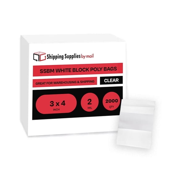 SSBM 2 Mil Clear Reclosable Poly Bags White Block 3" x 4" Jewelry Plastic Zipper 2000 Pieces