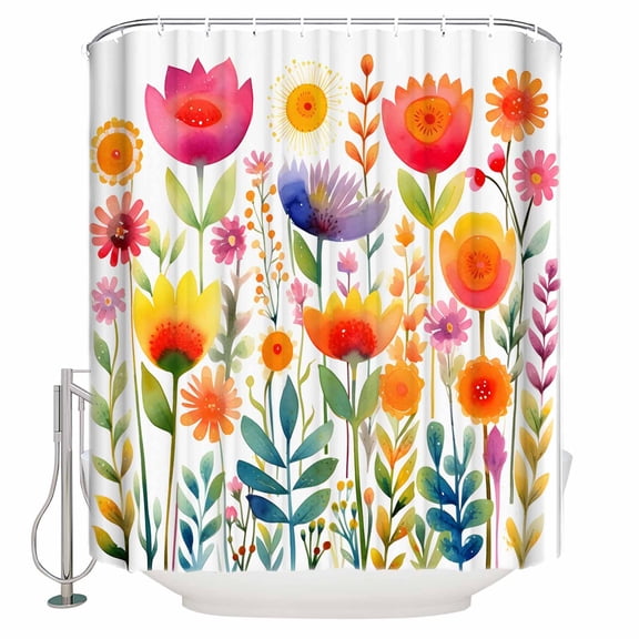 Shower Curtain Bathroom Set Watercolor Cartoon Floral Leaf Waterproof Fabric Shower Curtains with Grommets&Hooks Pastoral Colorful Tulip Privacy Bath Curtain for Bathtub 36x72in