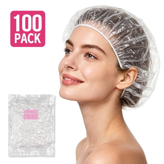 MORGLES Disposable Shower Caps 100 Count, 19.7" Waterproof Clear Plastic Bath Caps for Long Thick Curly Hair