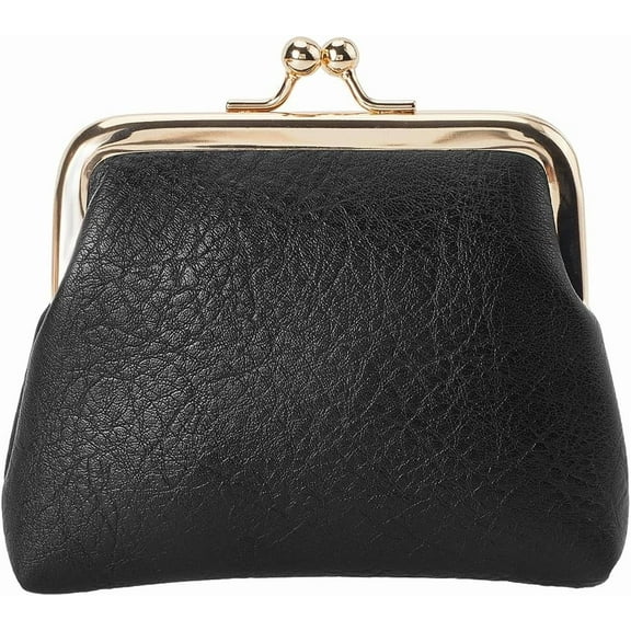 Black Kiss Lock Mini Wallet Vintage Leather Coin Purse Ladies Money Pocket Metal Frame Compact Hand-held Slim Wallet Gift for Women Men Credit Card Keys Coin Headset Storage 4.1x4.3x1.2in for diy