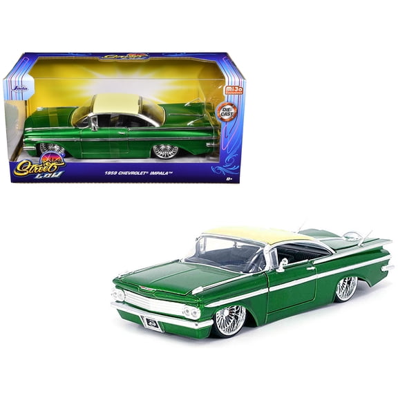 1959 Chevrolet Impala Lowrider Green Metallic with Cream Top and DUB Wire Wheels "Street Low" Series 1/24 Diecast Model Car by Jada