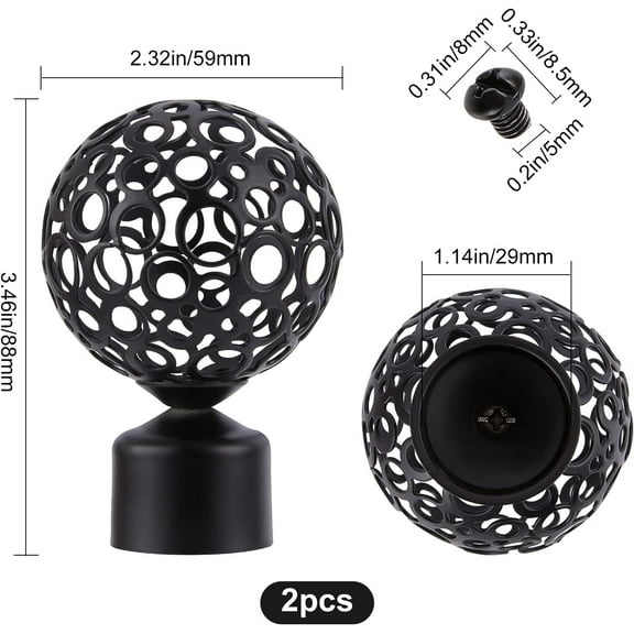 2pcs 2pcs Round Curtain Rod Finials 28mm Drapery Pole End Black Ball Cage Replacement Decorative End Head Caps for Home Office Curtain Roman Rod Decor Accessories (8.8x5.9cm)