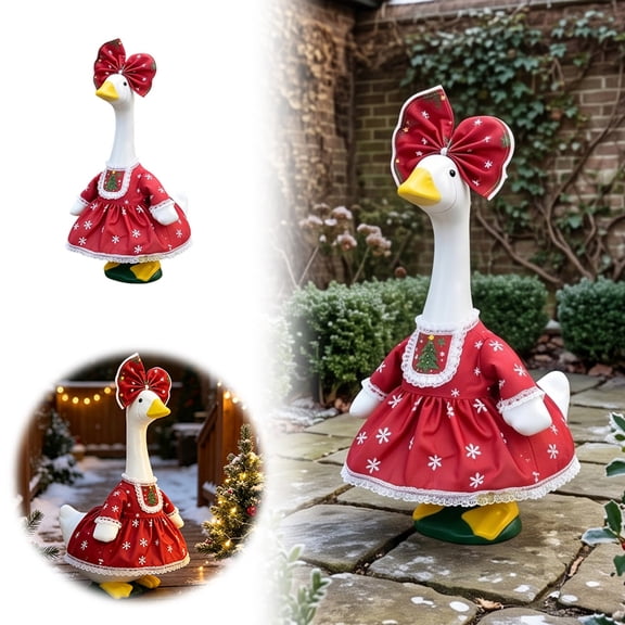 Christmas Decor Christmas Themed Porch Goose Outfit Snowflake Printed Dress With Large Bow Headwear For Porch Goose Statue Front Yard Porch Seasonal Decoration