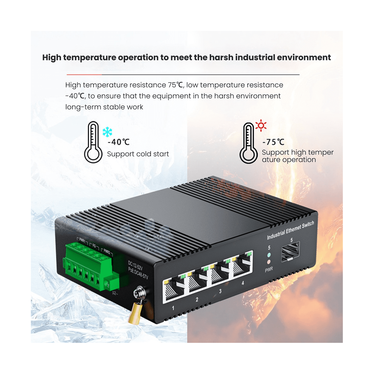5 Port Industrial PoE Gigabit Din Rail Ethernet Switch, 4 Port Switch with SFP 10/100/1000Mbps IP40 Unmanaged 48V Output