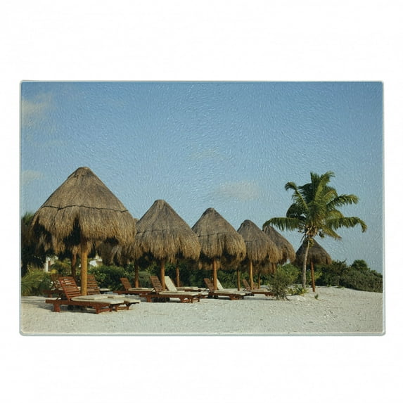 Cacun Cutting Board, Summer Time Vacation Destination Playa Del Carmen Beach in Mexico, Decorative Tempered Glass Cutting and Serving Board, in 3 Sizes, by Ambesonne