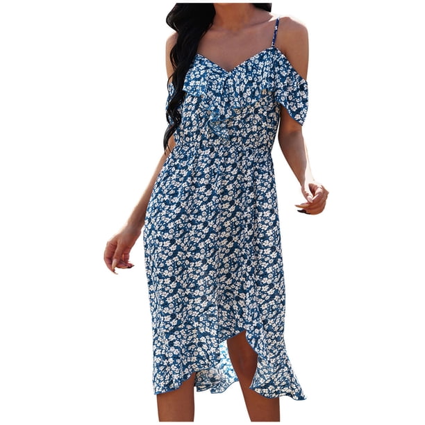 Vestido tipo suéter con hombros descubiertos y estampado floral con tirantes irregulares y escote en V informal a la moda para mujer Fridja yut2889