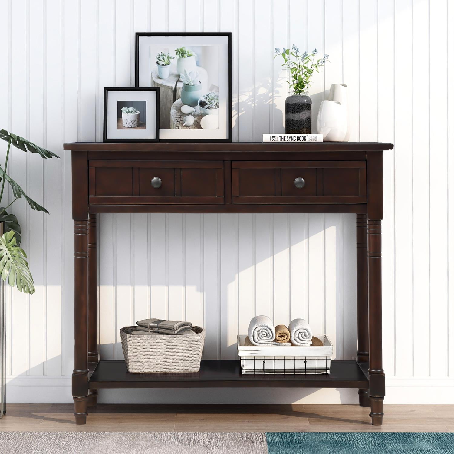 Zimtown Modern Farmhouse Wood Buffet Sideboard Console Sofa Table Side Desk Entryway Hall Accent Table with Storage Drawers & Bottom Shelf