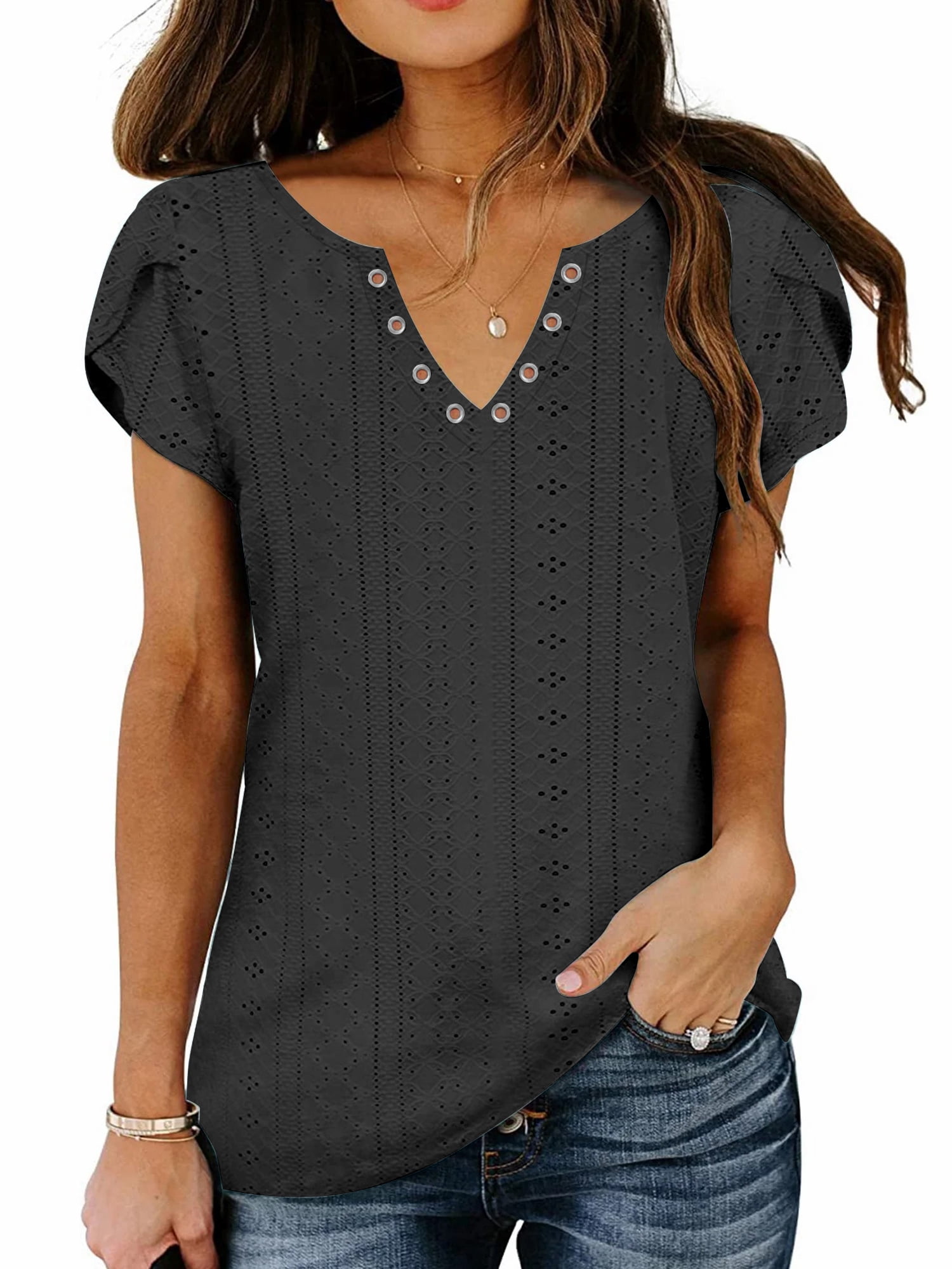 TEMOFON Womens Summer Tops Casual V Neck Tee Shirts Petal Sleeve Fashion Loose Blouses for Women Clothes Short Sleeve Shirts Dressy Tunic Tops