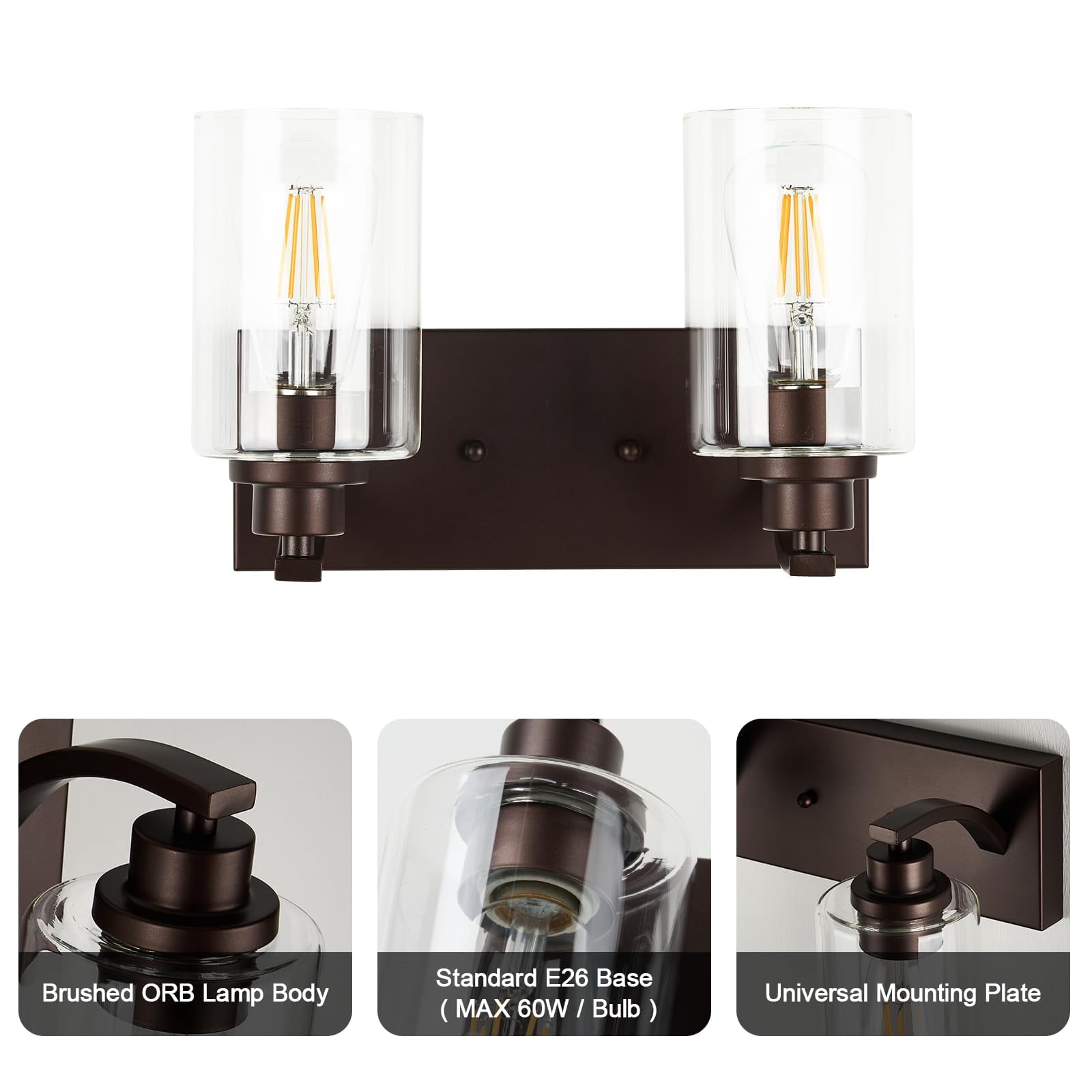2-light Bathroom Light Fixtures Modern Orb Vanity Lights For Lighting Over Mirror With Clear Glass Shade Cabinet Bedroom Hallway
