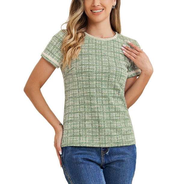 INSPIRE CHIC Blusa de Tweed Verde con Decoración de Perlas y Manga Corta para Mujer