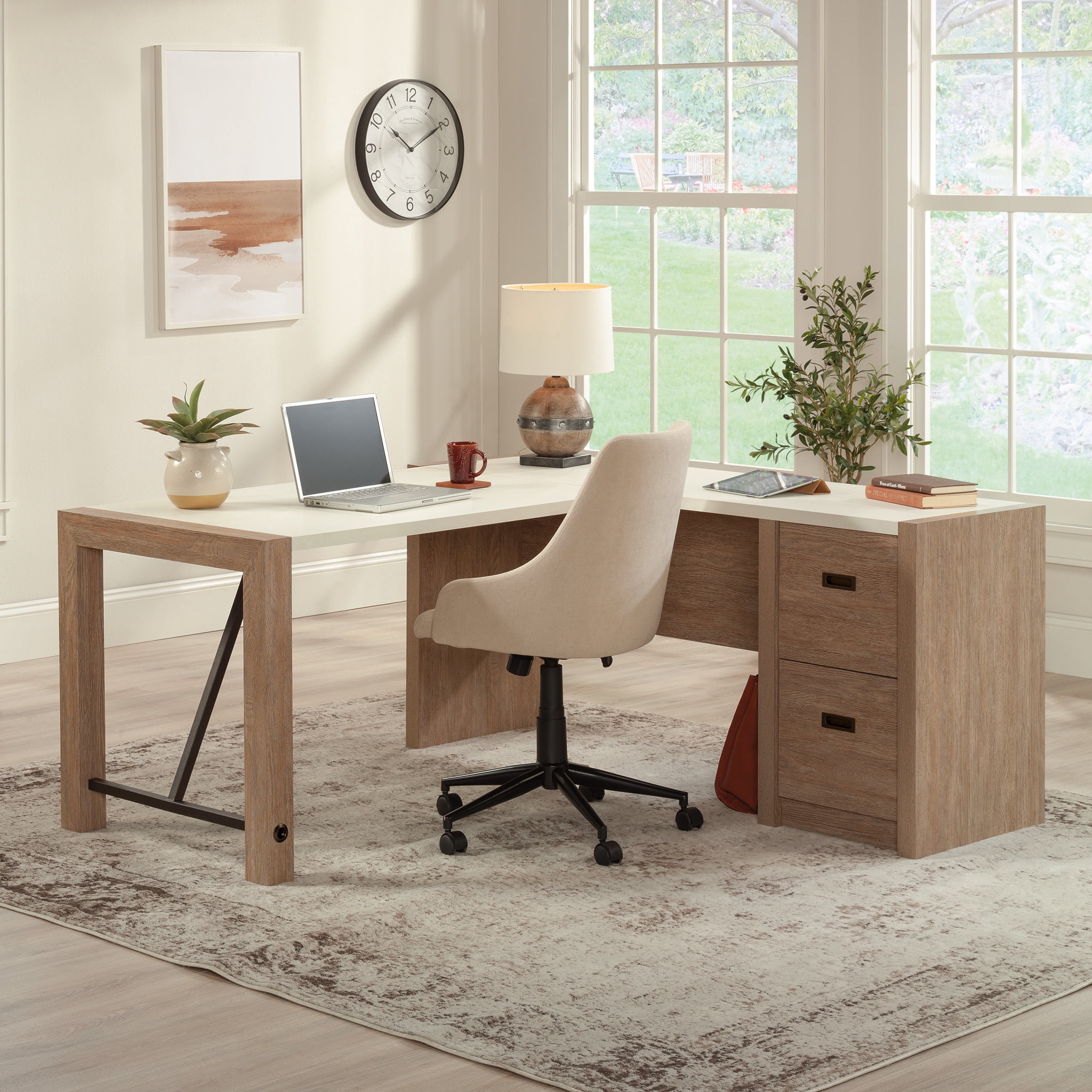 Sauder Dixon City® 66"W L-Shaped Computer Desk With Drawers, Brushed Oak™/Pebble White™