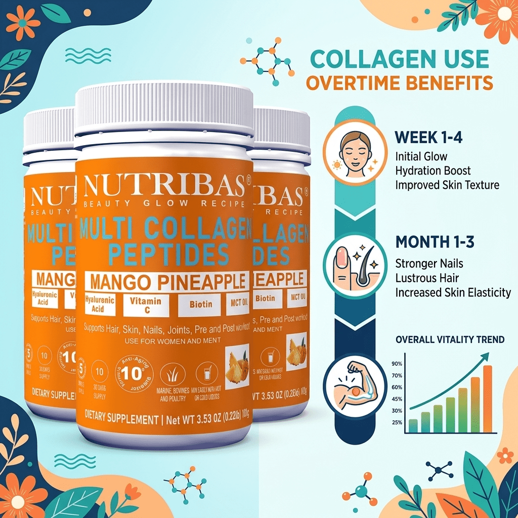 Nutribas Protein Multi Collagen Peptides Powder Supplement for Whole Body Support, Coffee Creamer with MCT & Vitamin C, Mango Pineapple, 3 Pack