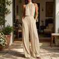 thumbnail image 3 of Quixlent Women's Summer Jumpsuit, Halter High Neck Sleeveless Chiffon Wide Leg Rompers, Smocked Waist Backless Vacation One Piece Outfits, 3 of 8
