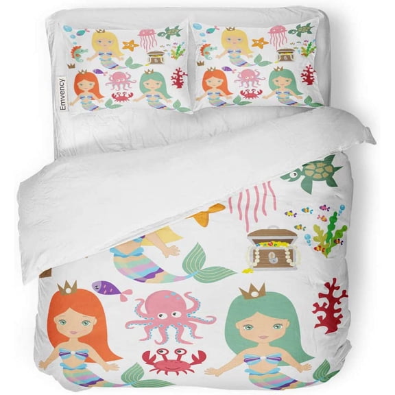 FMSHPON 3 Piece Bedding Set Cute Mermaid Girl Little Princess Cartoon Octopus Sea Twin Size Duvet Cover with 2 Pillowcase for Home Bedding Room Decoration