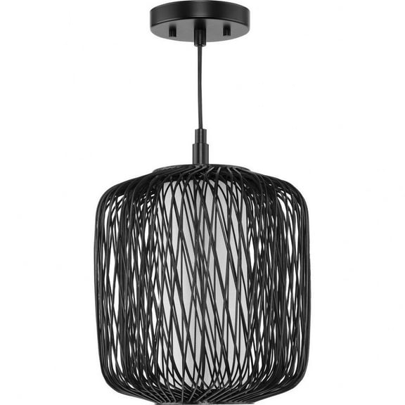 Progress Lighting Cordova 1-Light Pendant, Black Rattan, Handwoven Shade, White Linen Diffuser