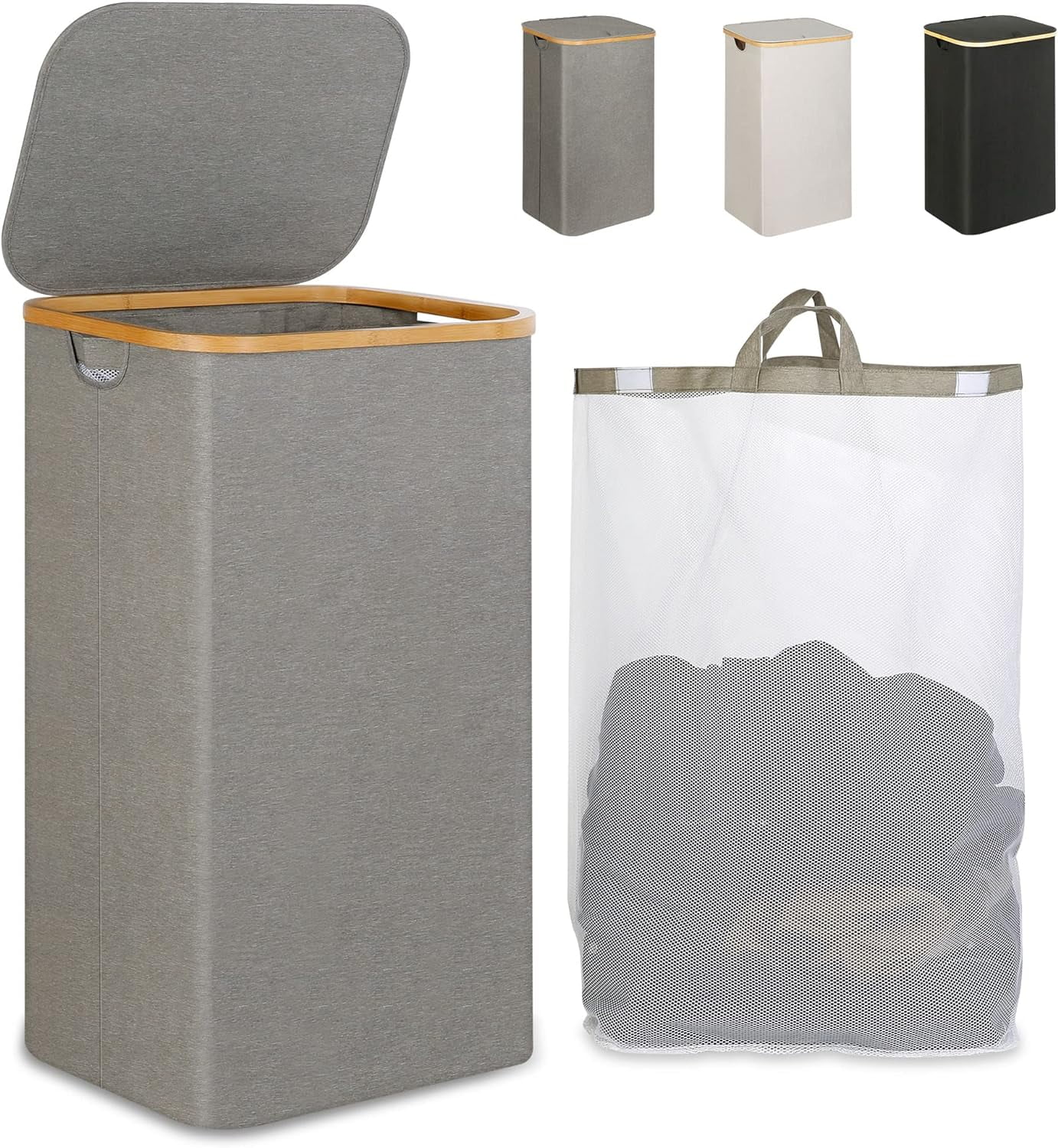 SUOCO 100L Laundry Basket With Lid & Bamboo Handles - Large Foldable Clothes Hamper For Bedroom, Bathroom, Dorm - View #3