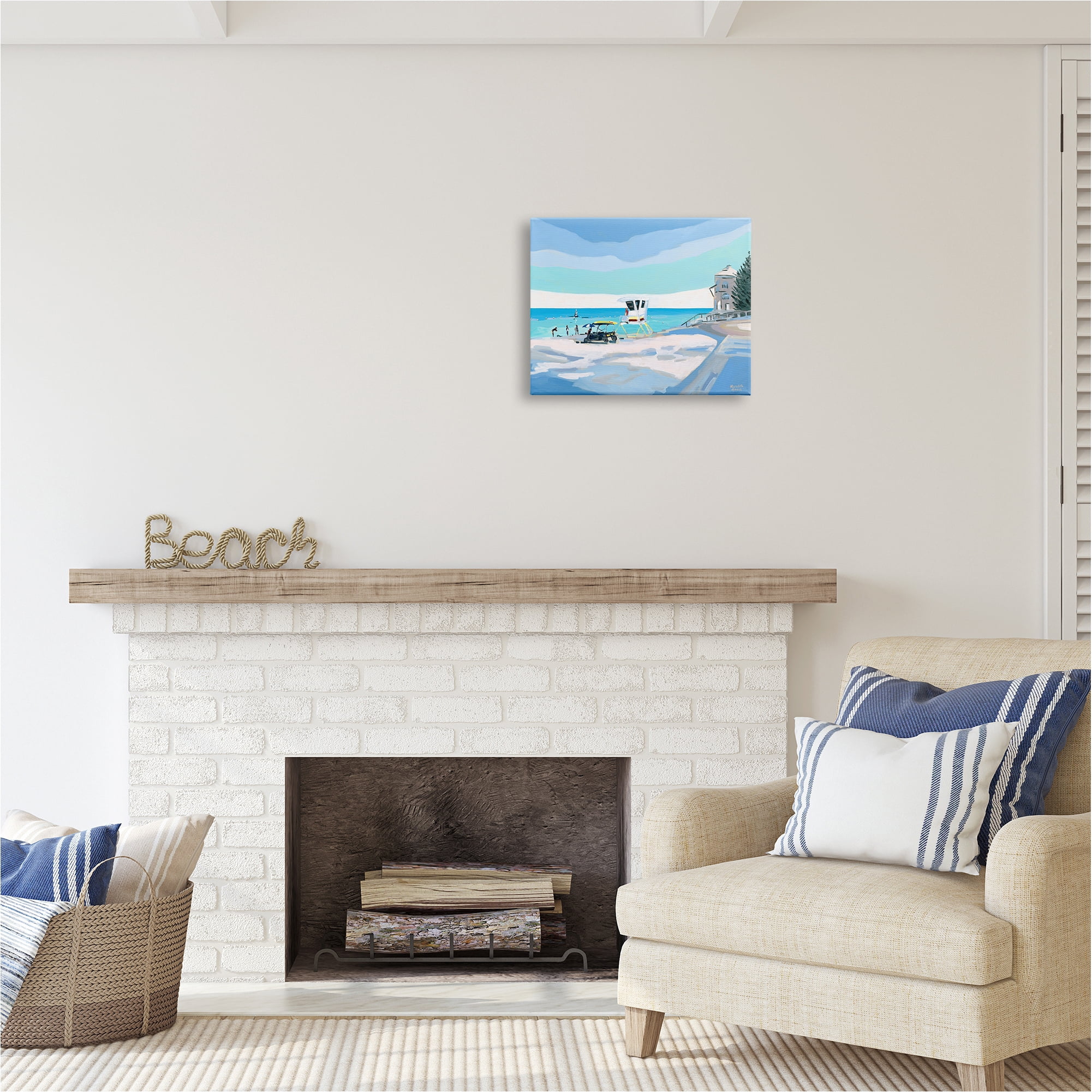 Stupell Industries Blue & White Beach Landscape Painting Gallery Wrapped Canvas Art Print Wall Art, 20 x 16
