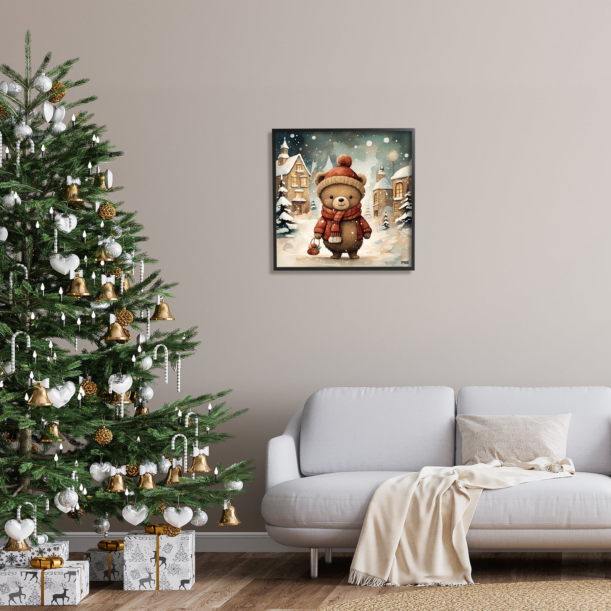 Stupell Industries Bear in Snowy Winter Village Animals & Insects Painting Black Framed Art Print Wall Art, 24 x 24