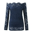 thumbnail image 5 of Women Summer Tops Women's Blouses And Shirts For Women UK Fashion Strapless Lace One Neck Long Sleeve Hollow Lace T Shirts Tops Tunic Blouses for Dressy Fall Formal Woven Blouse Navy XL, 5 of 5