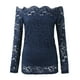 thumbnail image 4 of Gibobby Blusas Elegantes Para Mujer Blusas y camisas de mujer para mujer Reino Unido moda sin tirantes encaje un cuello manga larga hueco encaje camisetas Tops（Azul marino， M), 4 of 5